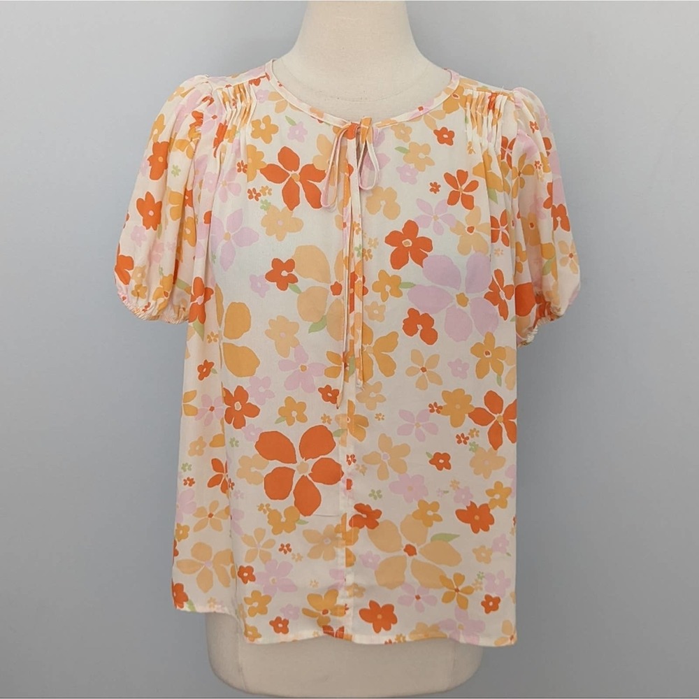 Eclair Floral Blouse Retro Flowers 1970s Orange Pink Neck Tie Medium